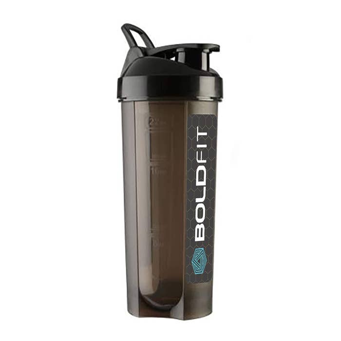 A black Boldfit protein shaker bottle