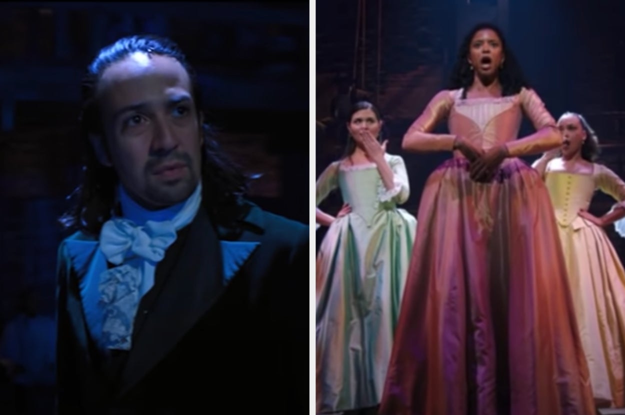 Hamilton looks surprised on the left with the Schulyer Sisters on the right