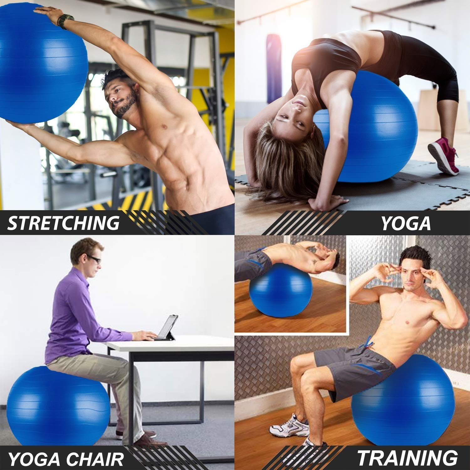 People using yoga ball for stretching, yoga, training and as a chair