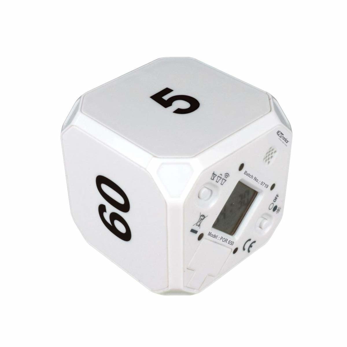 A white smart timer cube with Audio Visual Alarm.
