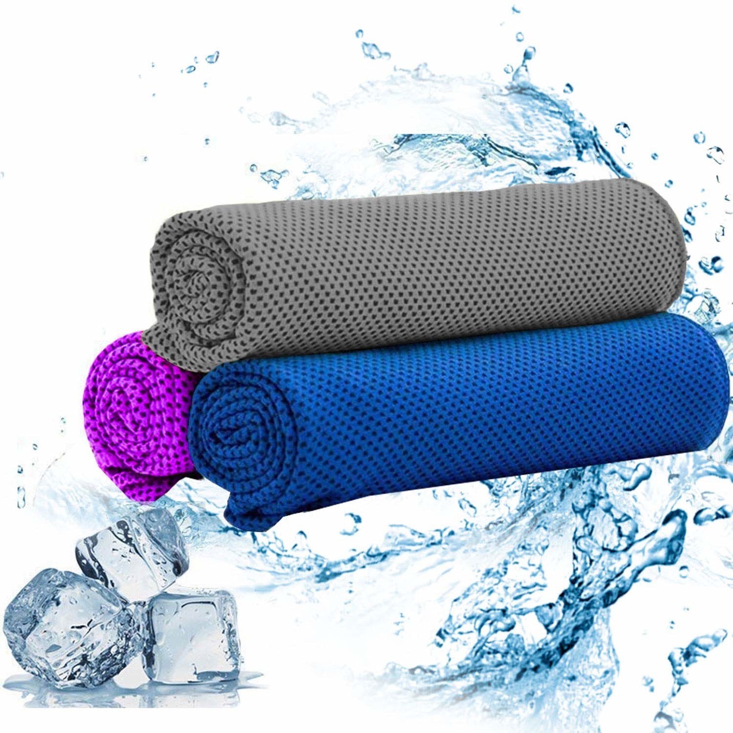 Purple, grey and blue cooling towels