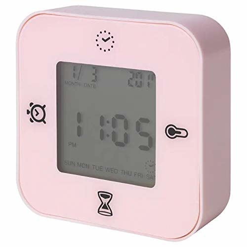 A pink timer with time, date and day display.