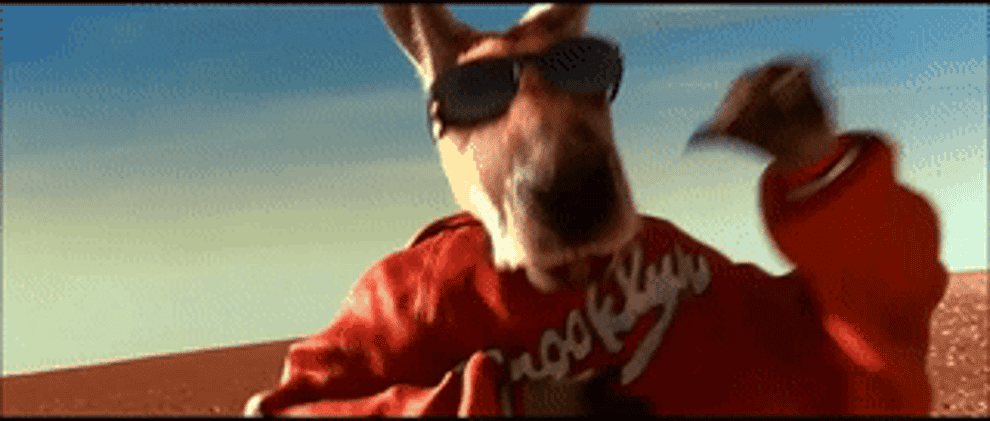The kangaroo from Kangaroo Jack wearing a jacket and sunglasses, doing a dance