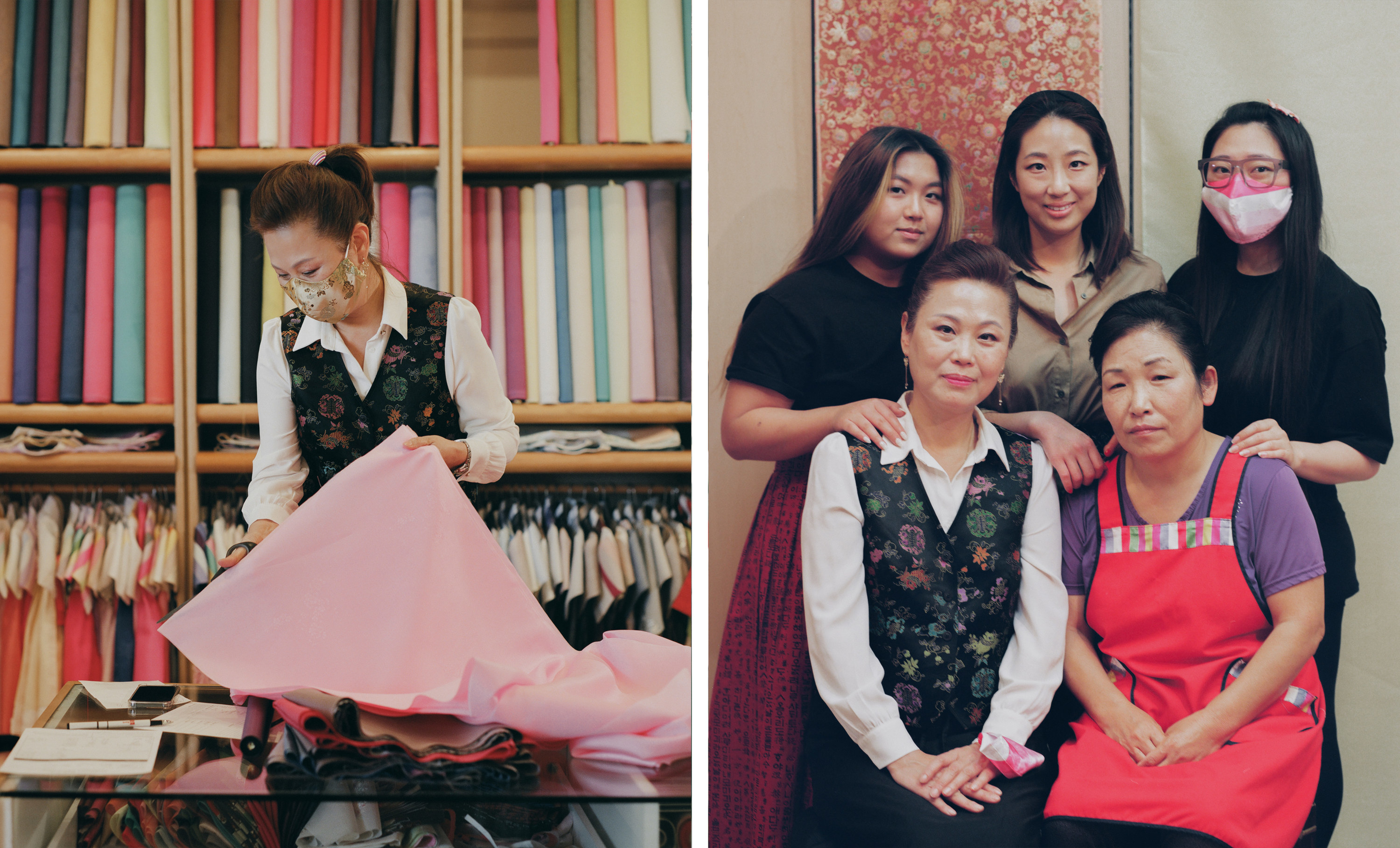 Left, a woman unfolding fabric in a dress shop, right, the same woman with four employees