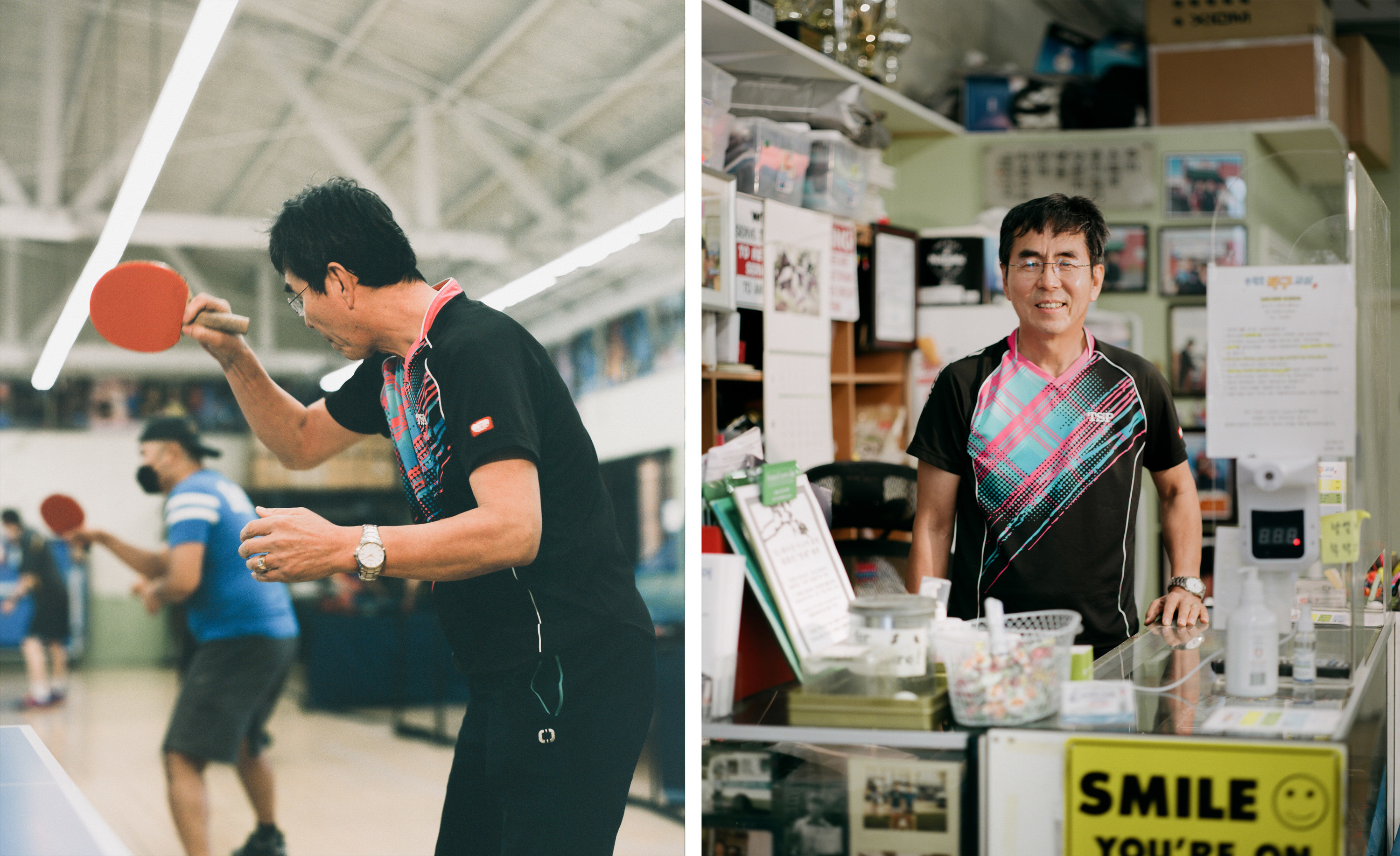 Left, a man in sportswear playing table tennis, right, the same man behind the counter