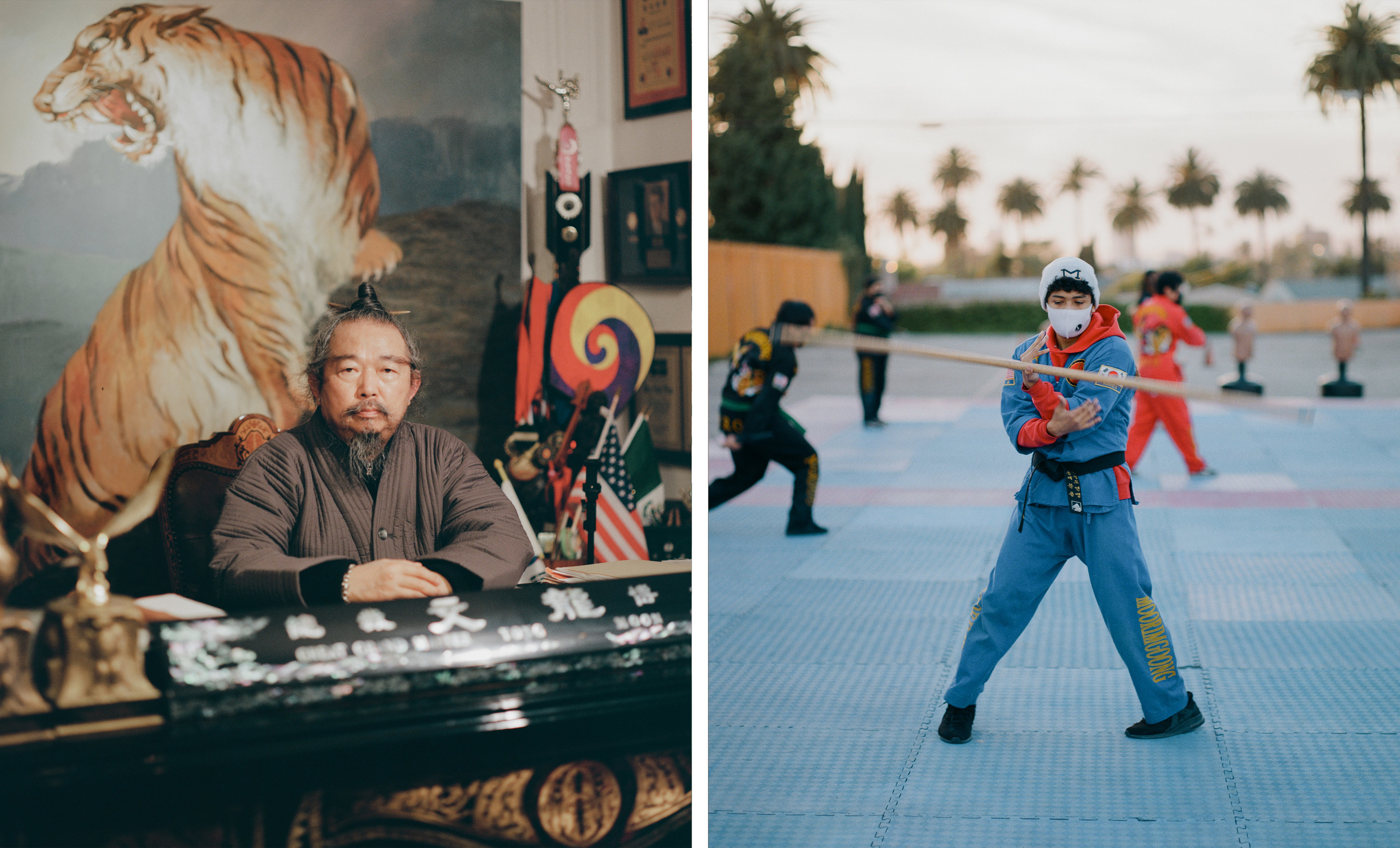 Left, a man sitting at a desk in front of a painting of a tiger, right, a young man practicing martial arts outside