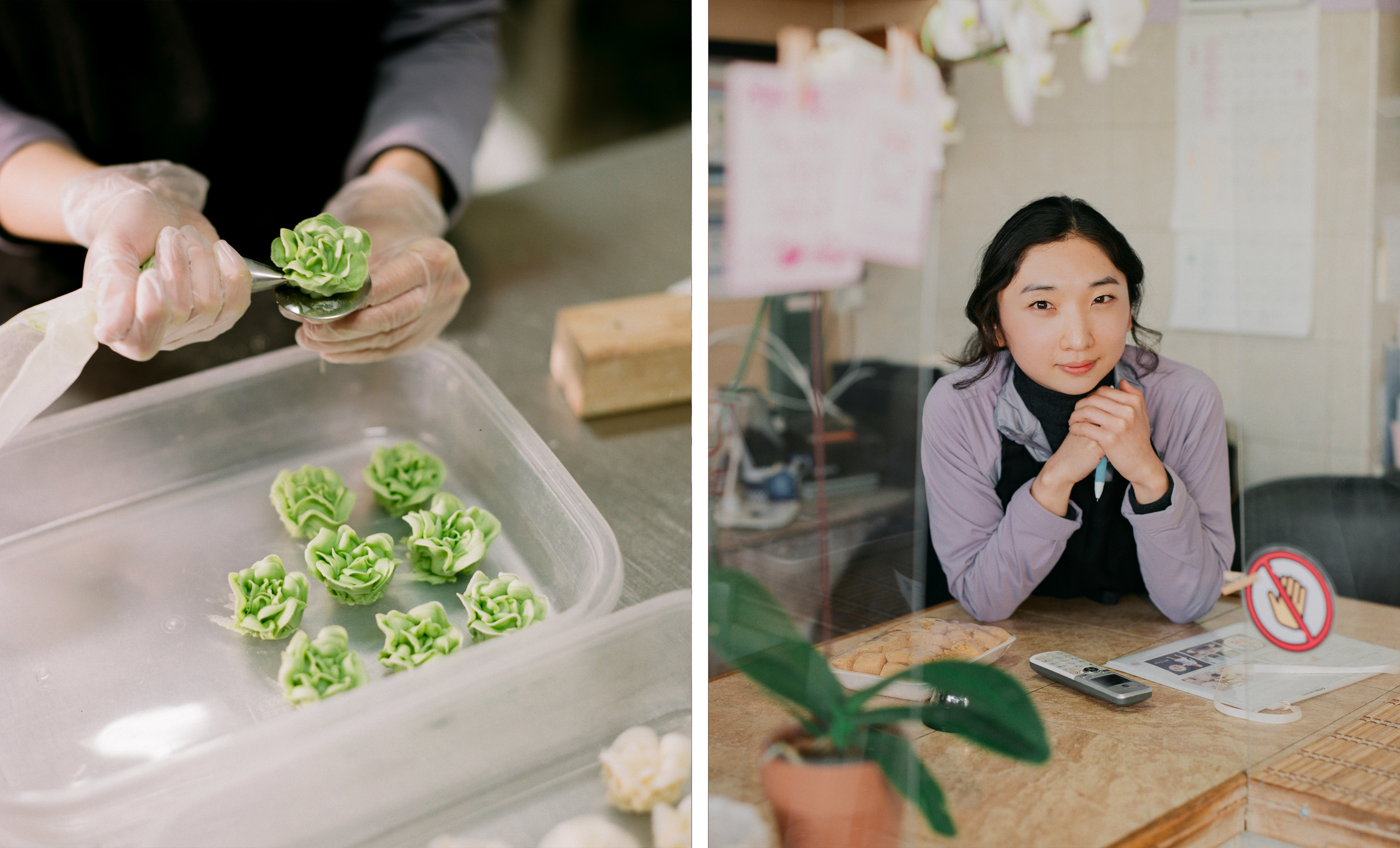 Left, small green rice cakes being placed in tupperware, right, the owner of the rice cake shop at a counter