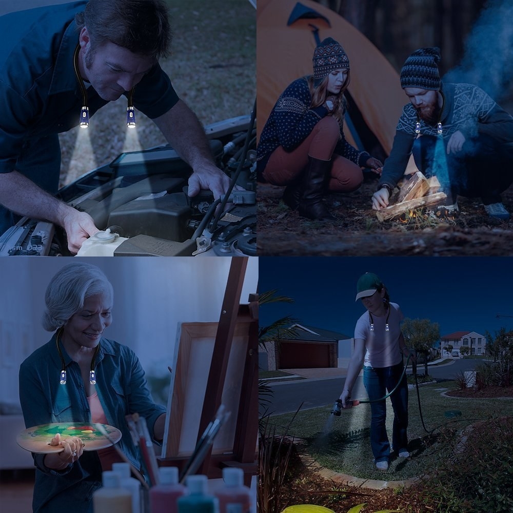 A collage of people doing various tasks at night with the light around their necks.