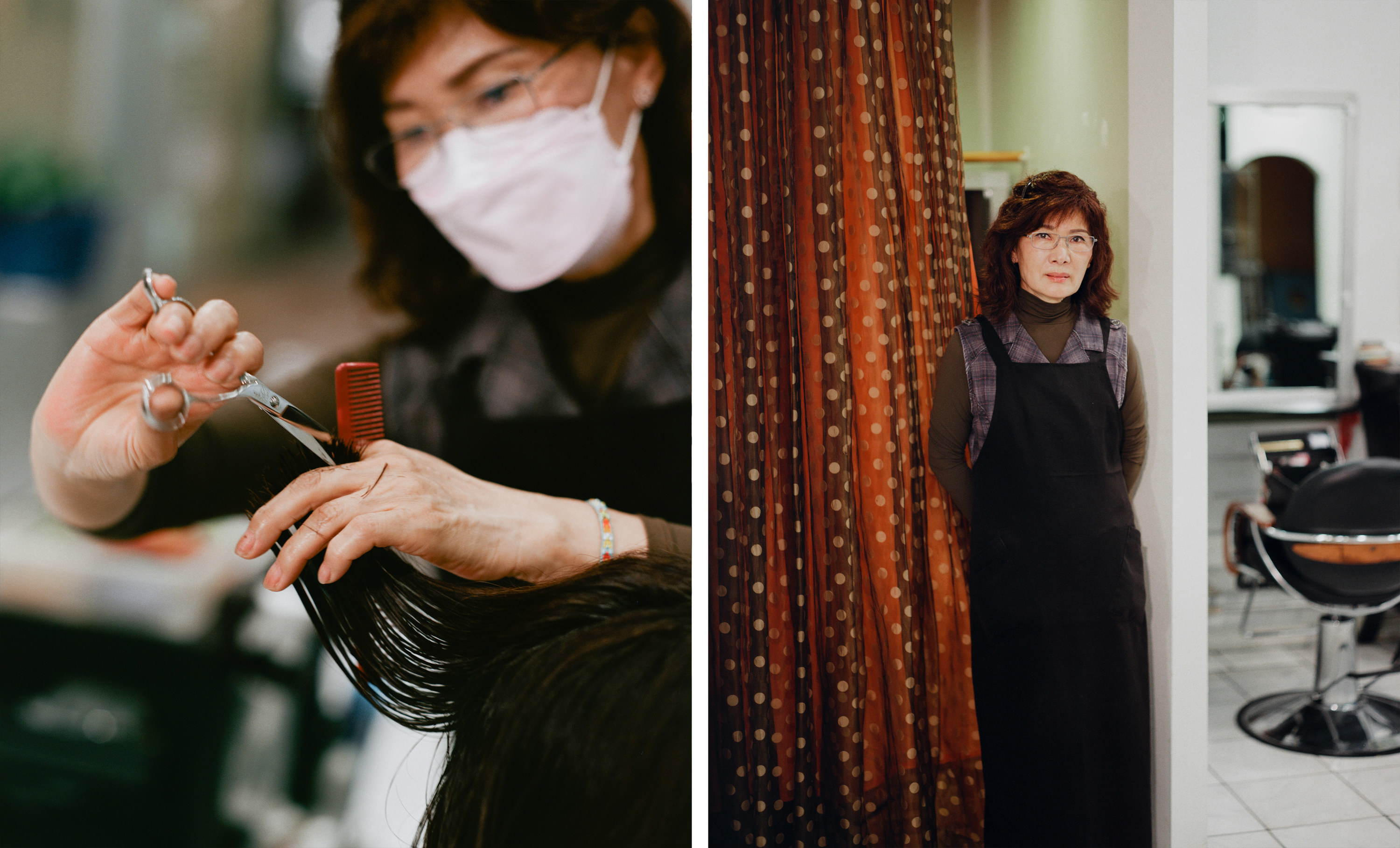 Left, a woman cutting hair, right, the same woman in front of a polka dot curtain