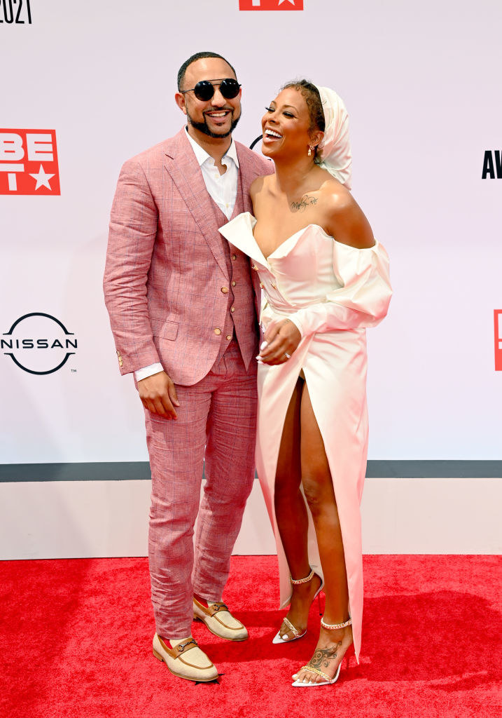 (L-R) Michael Sterling and Eva Marcille attend the BET Awards 2021 in matching outfits
