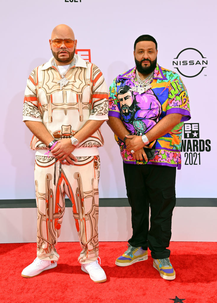 (L-R) Fat Joe and DJ Khaled attend the BET Awards 2021rocking multicolored shirts