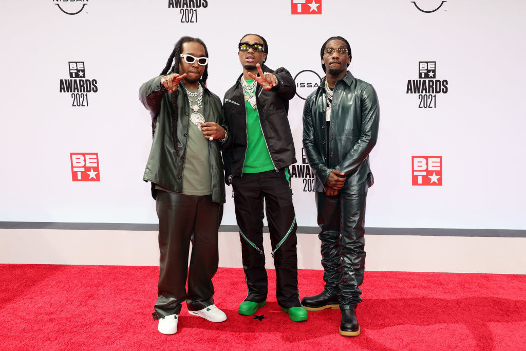 L-R) Takeoff, Quavo and Offset of Migos attend the BET Awards 2021
