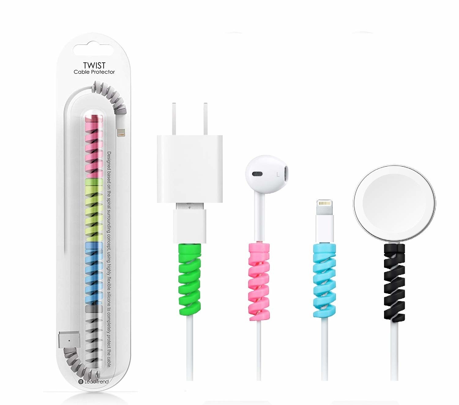 Various cables like chargers and earphones pictured with the cable protectors around them.