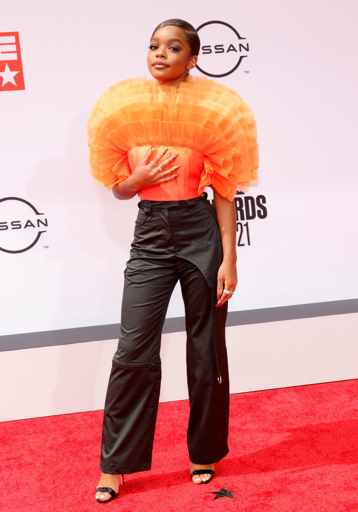 Marsai Martin attends the BET Awards 2021 in an ruffled top and pants