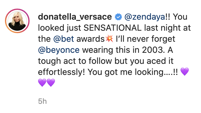 A screenshot of Donatella Versace&#x27;s Instagram caption