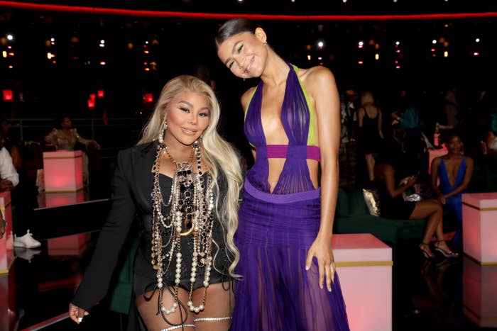 Lil&#x27; Kim and Zendaya, wearing the purple dress, attend the BET Awards 2021 at Microsoft Theater on June 27, 2021 in Los Angeles, California