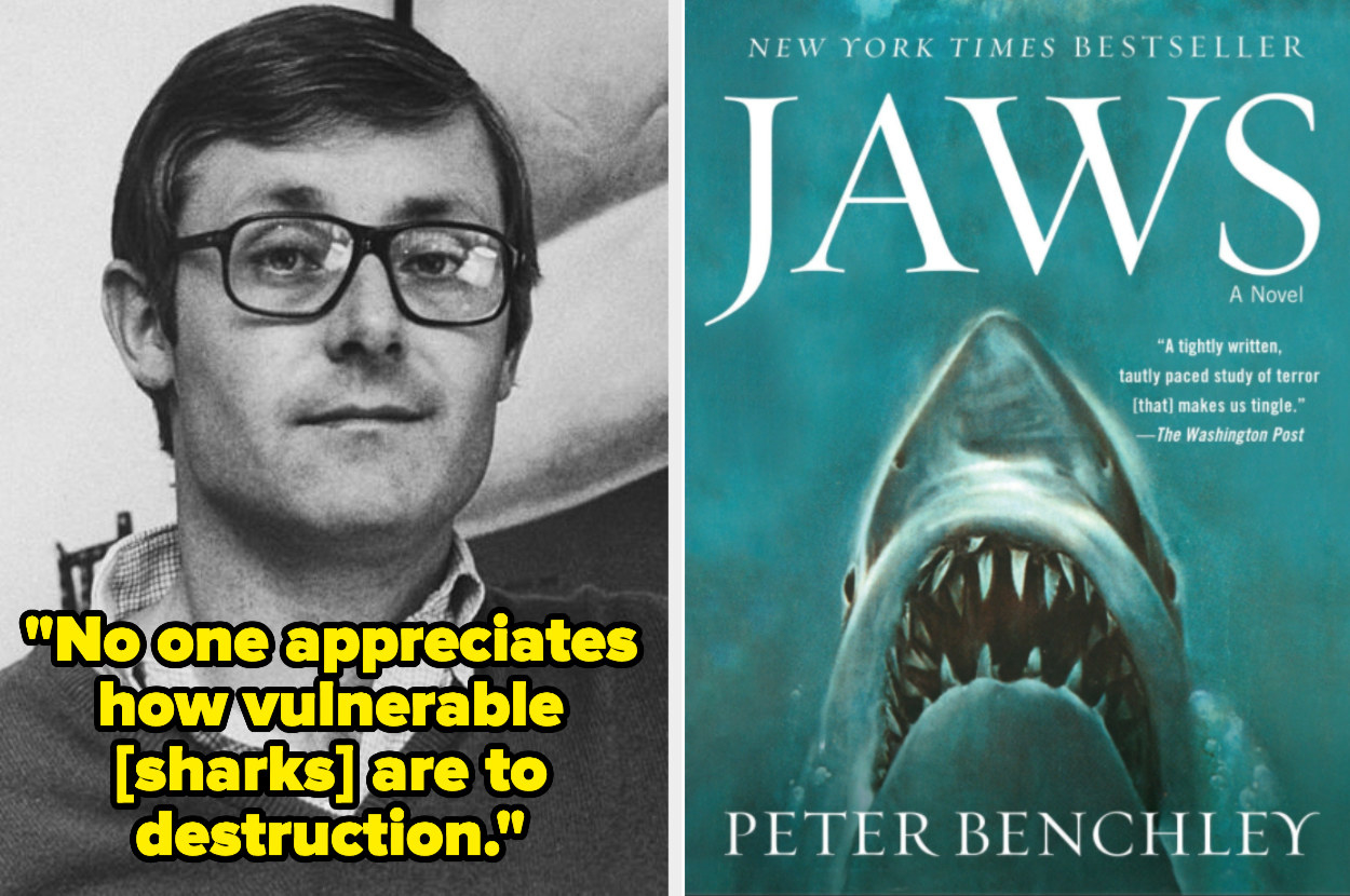 Peter Benchley and the cover of Jaws, with the quote: No one appreciates how vulnerable sharks are to destruction