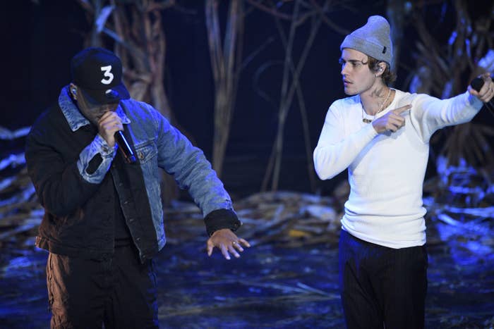 Justin singing &quot;Holy&quot; with Chance the Rapper on SNL