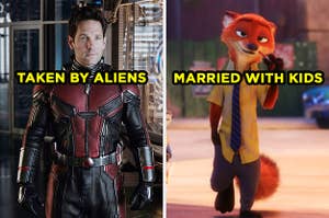 On the left, Paul Rudd as Ant-Man labeled "taken by aliens," and on the right, Nick from "Zootopia" labeled "married with kids"
