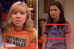 sam wearing a shirt that says my cheese my rules, and carly wearing a shirt that says ointment 500