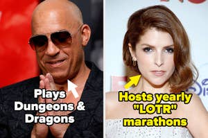 Vin Diesel labeled "Plays Dungeons & Dragons" and Anna Kendrick labeled "hosts yearly 'LOTR' marathons"