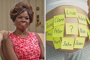 On the left, Leslie Jones with a "mom" haircut in an "SNL" sketch, and on the right, a pregnant person with sticky notes with names on them stuck to their belly