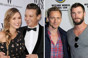 Jeremy Renner smiles at Elizabeth Olsen as he has one arm wrapped around her waist as they pose on a red carpet and Tom Hiddleston wears a blue and red checkered shirt under a black jacket and Chris Hemsworth wears a gray v-neck t-shirt.