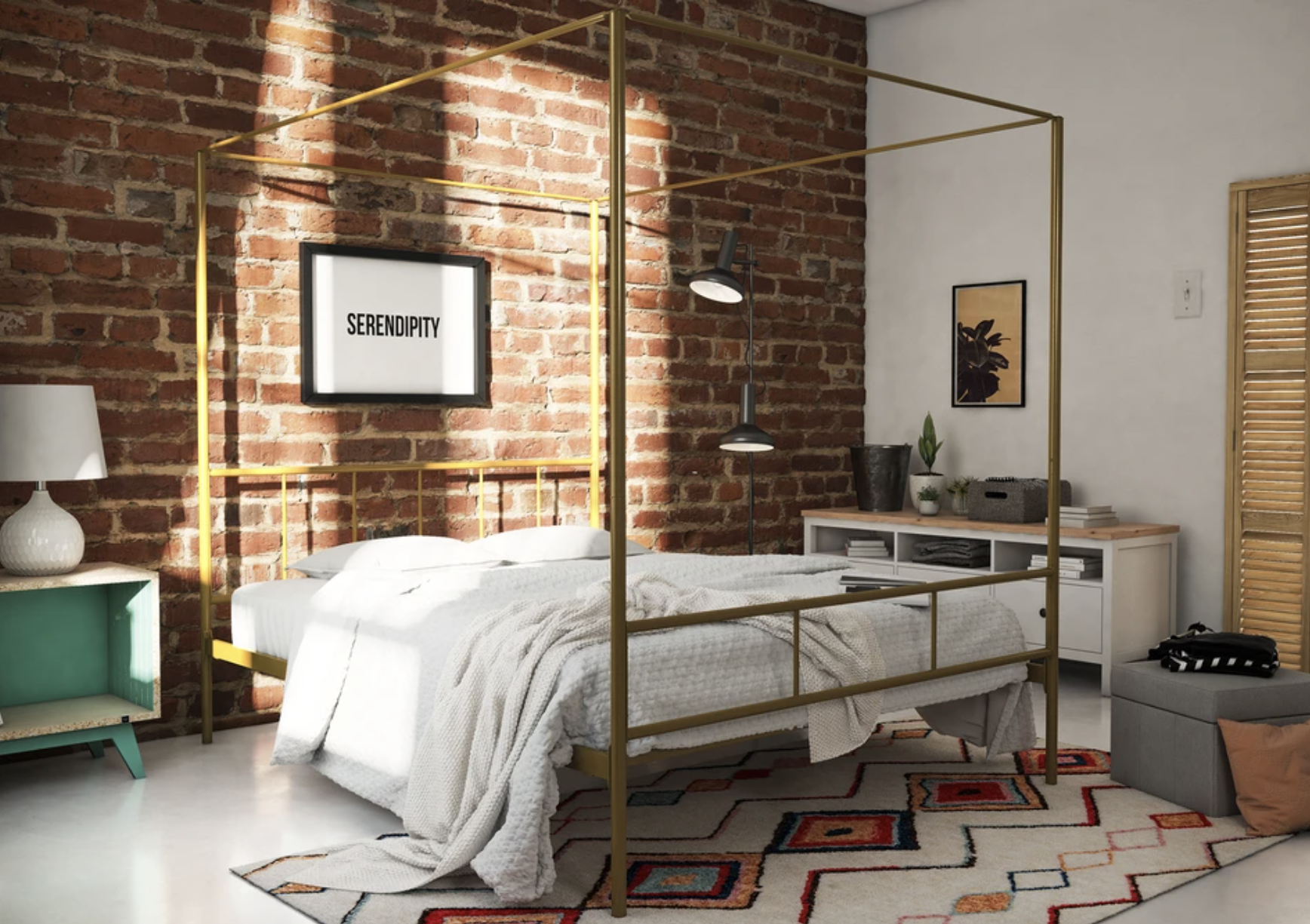 The bed frame in gold is in a bedroom