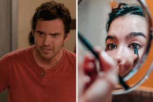 Nick Miller stands hunched over with a frustrated look on his face and a girl looking into a small mirror as she applies eyeliner to her eyes.