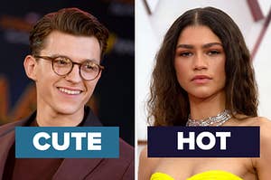 tom holland on the left with cute written under him and zendaya on the right with hot written under her