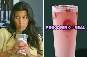 On the left, Kourtney Kardashian sipping out of a Starbucks cup, and on the right, a drink from Starbucks labeled "Pink Drink equals real"