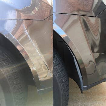 Reviewer before and after photo of a scratch on a car being removed