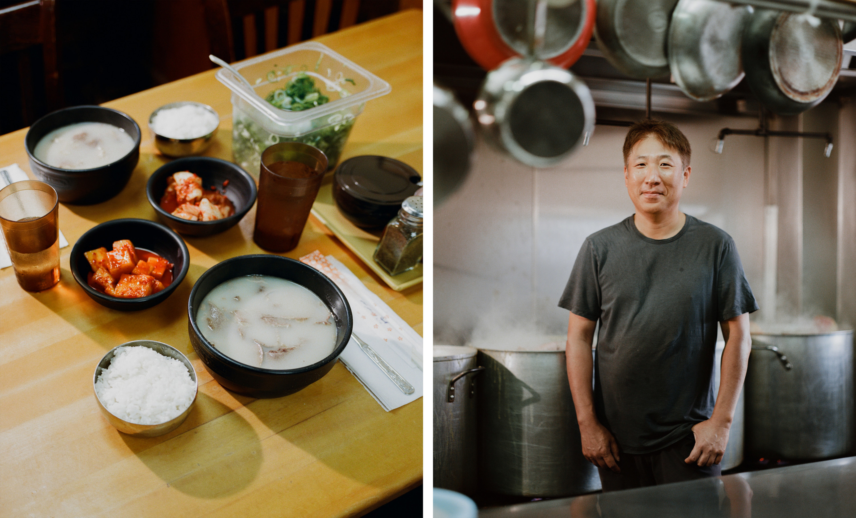 Left, a mean of sulluntang, and on the right, the owner in the kitchen in front of pots