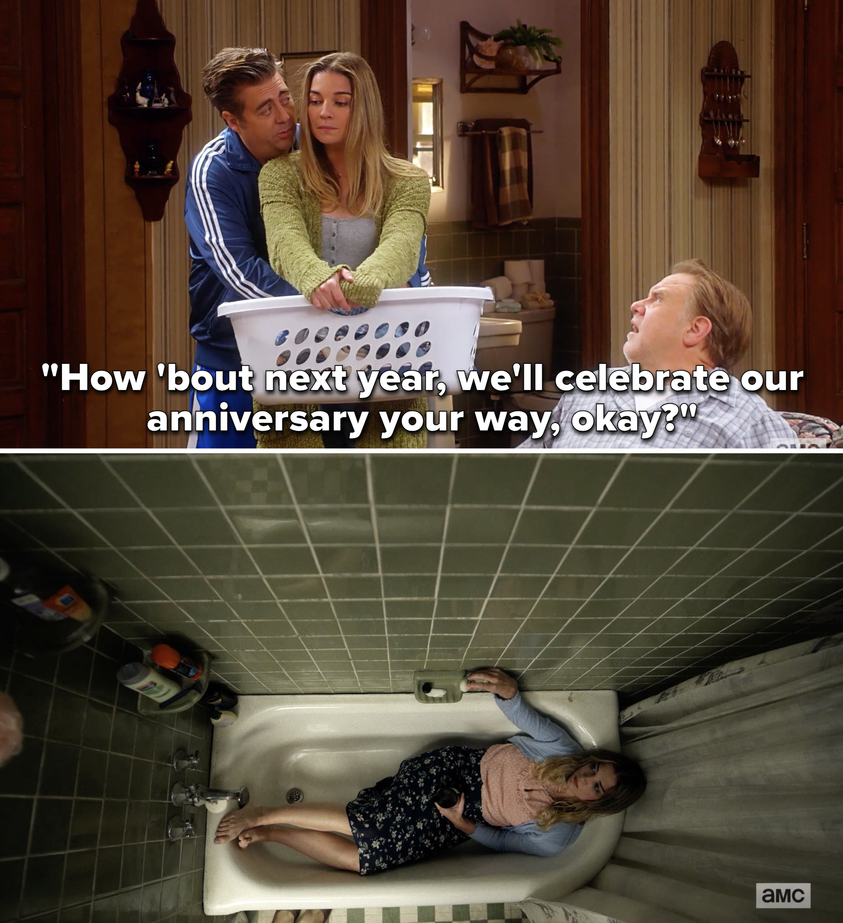 Kevin telling Allison, &quot;How &#x27;bout next year, we&#x27;ll celebrate our anniversary your way, okay?&quot; and a still of Allison sitting fully clothed in the bathtub