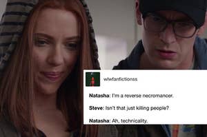 Natasha Romanoff, wearing a striped hooded sweater, stands next to Steve Rogers, wearing a dark baseball cap and glasses.