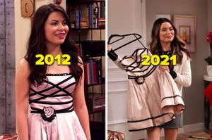 Carly Shay in a pink dress in 2012 vs. 2021