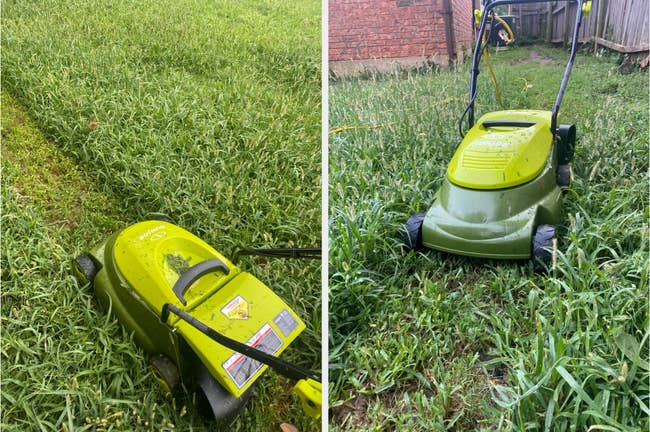 Split image of reviewer's photos of light and dark green mower cutting through grass