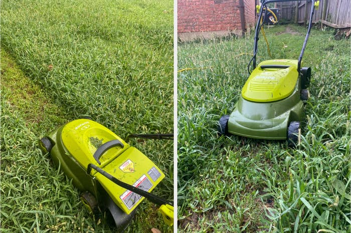 Split image of reviewer&#x27;s photos of light and dark green mower cutting through grass