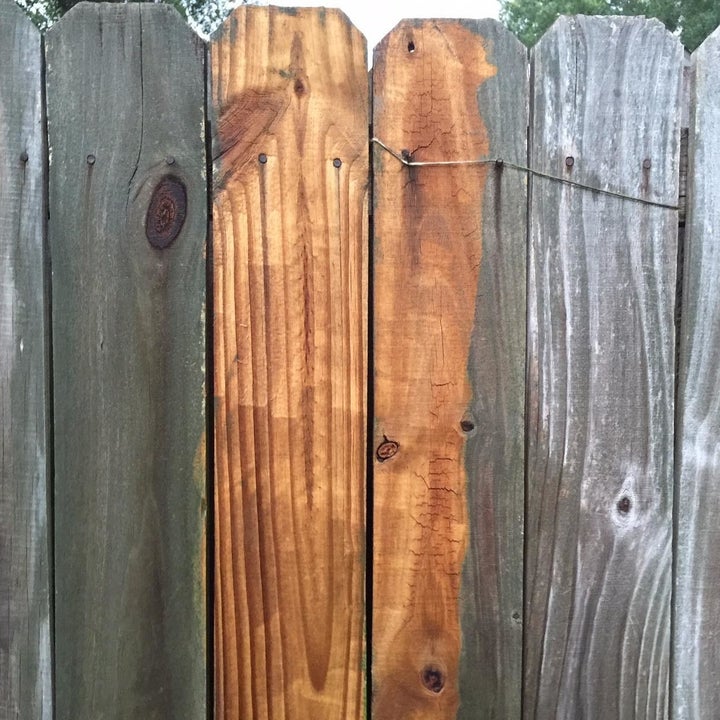 same reviewer showing the cleaning power on their fence