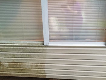 Reviewer's picture of their house with one half still dirty and one half now clean thanks to the pressure washer