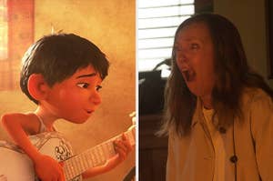 Miguel from Coco on the left and a woman screaming on the right