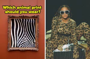 "Which animal print should you wear?" is written above a zebra portrait with Beyonce in cheetah on the right