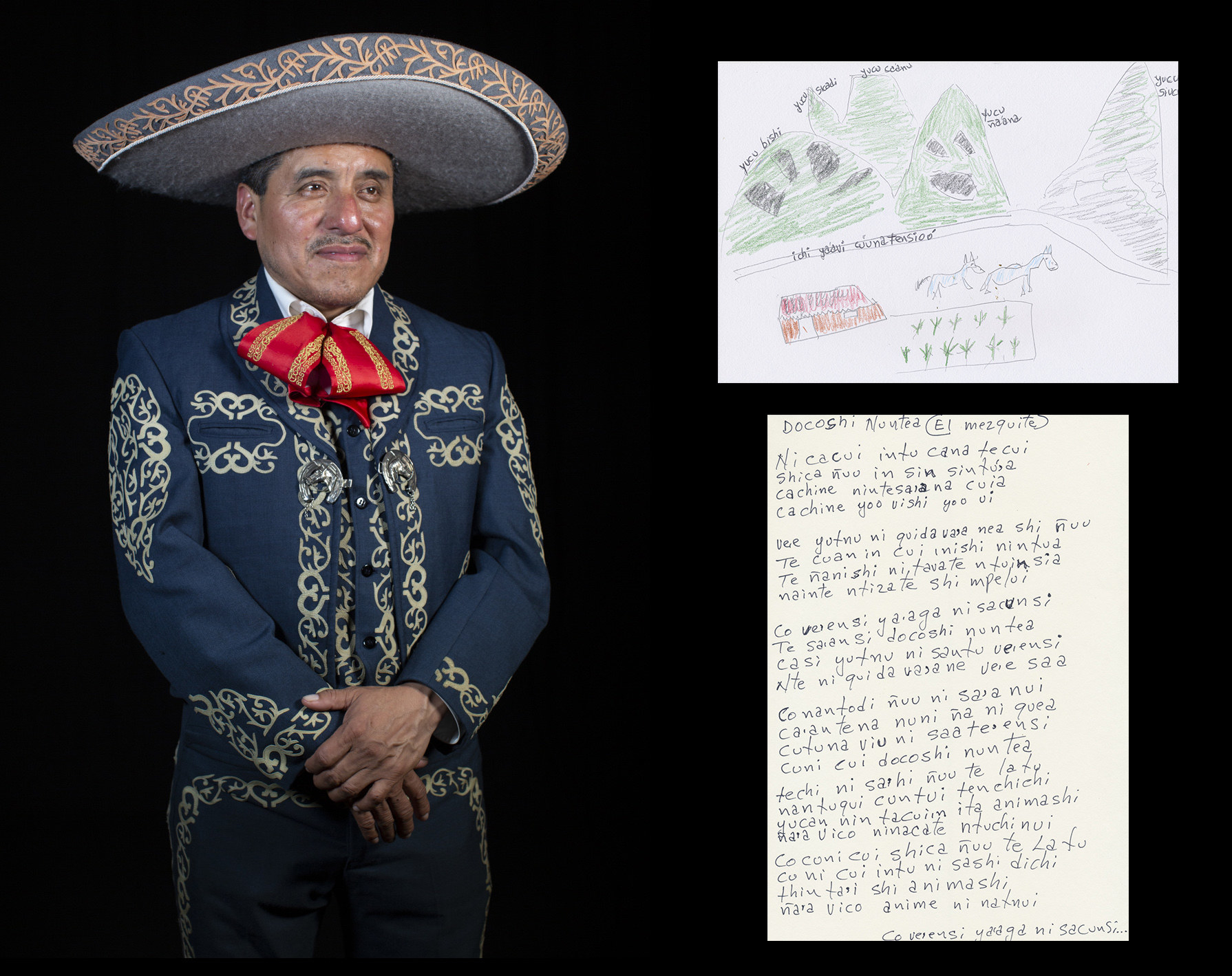 An Indigenous Mexican man in costume, with a piece of paper written in his language next to him