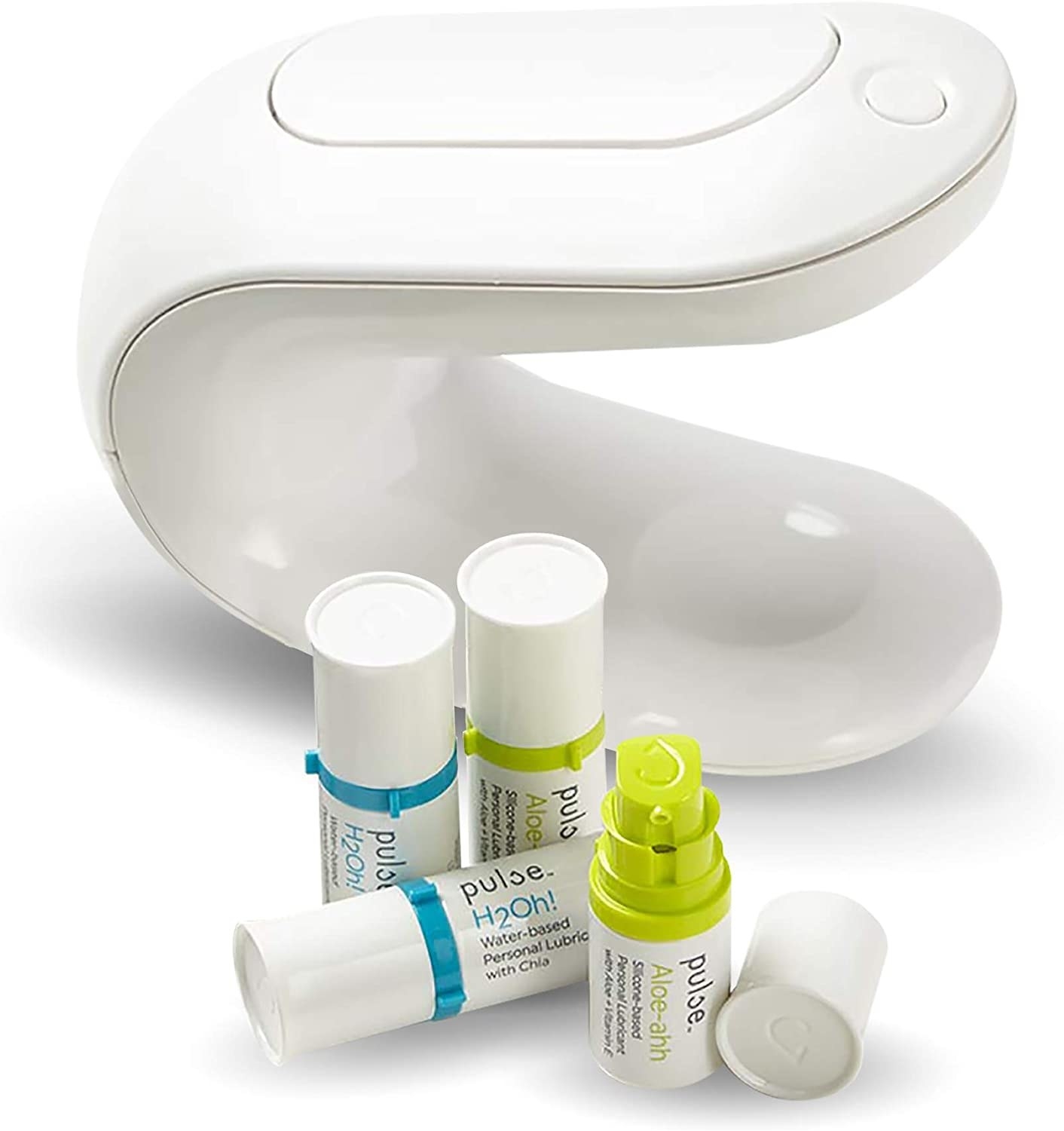 White lubricant warmer and dispenser next to two blue pods and two green pods