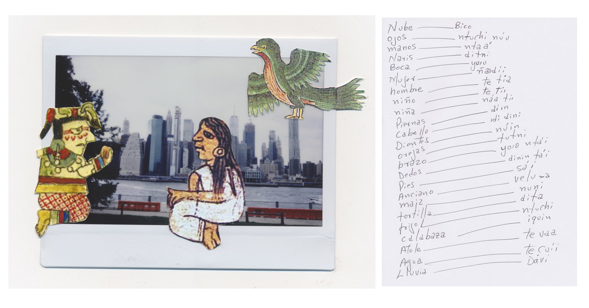 A polaroid with three drawings layered over it, on the right a piece of paper with definitions and translations