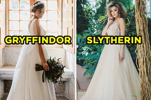 On the left, a bride wearing a flowy wedding dress and holding a bouquet labeled "Gryffindor," and on the right, a bride wearing a v-neck wedding dress with a lacy overlay labeled "Slytherin"
