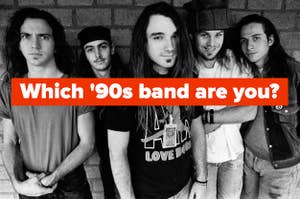 A band is posing against a brick wall labeled, "Which '90s band are you?"