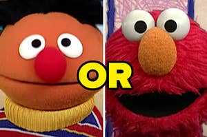 Ernie is on the left looking straight with "or" written in the center and Elmo on the right