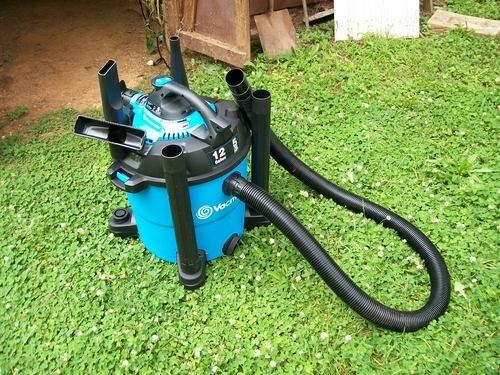 reviewer photo of the shop vac on the grass in backyard