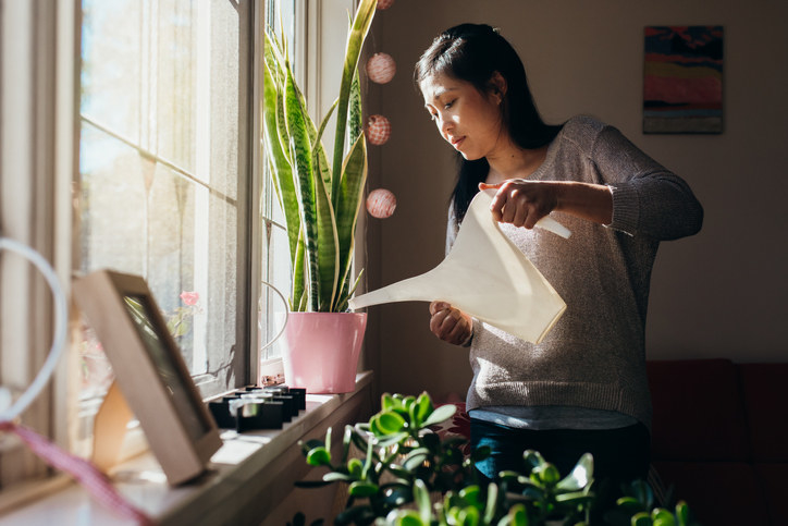 A woman living alone watering her plants